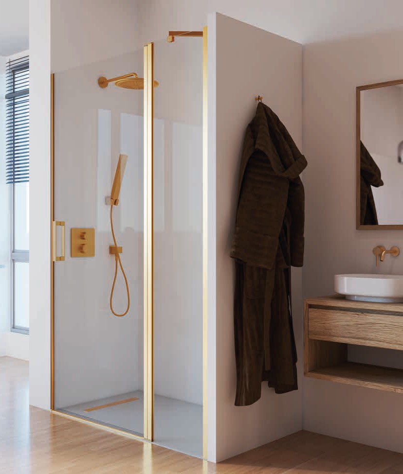 Mampara ducha Padel con puerta abatible, perfilería Oro brillo